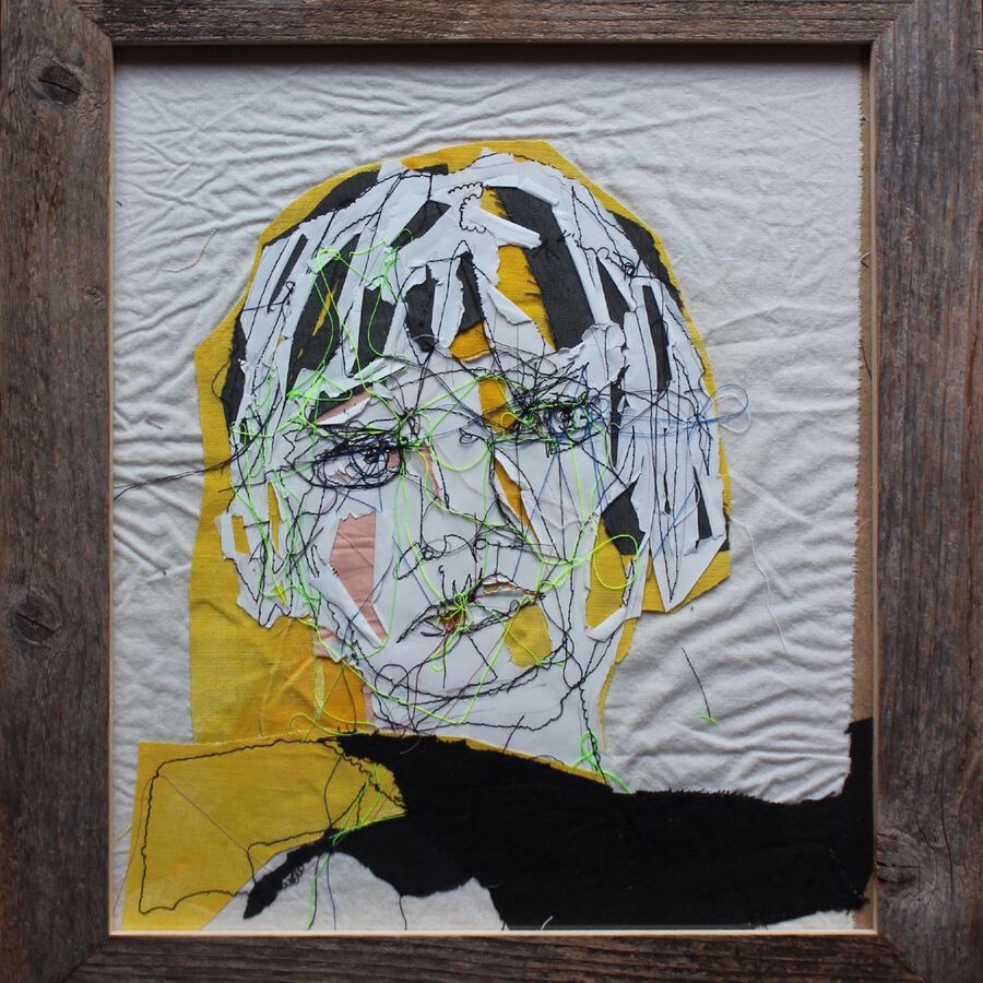 Nanja Heid, Portrait, 2018, Nähmaschinenzeichnung auf Papier u. Textilien, 38,5 x 34 cm (mit Rahmen)